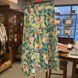 Lauren Ralph Lauren Tropical Floral Tiered Skirt 100% Cotton Blue Pink Size L